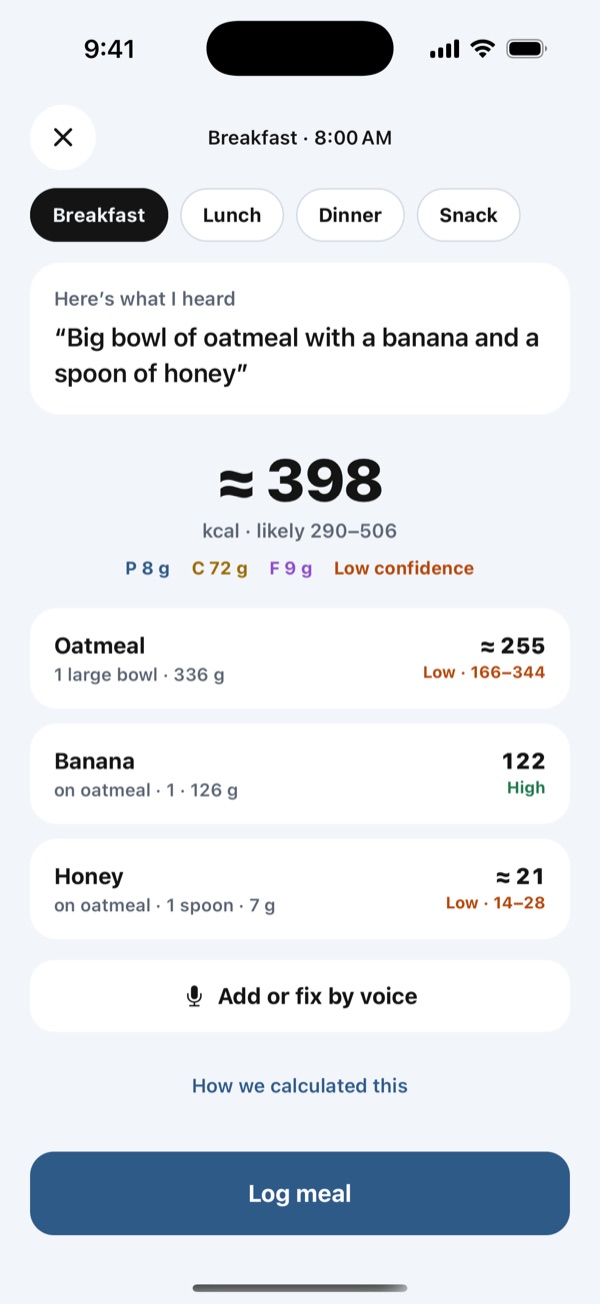 Review: every food with its amount, calories and confidence