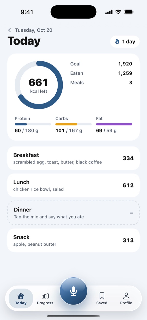 Today: calories left, macros and meals